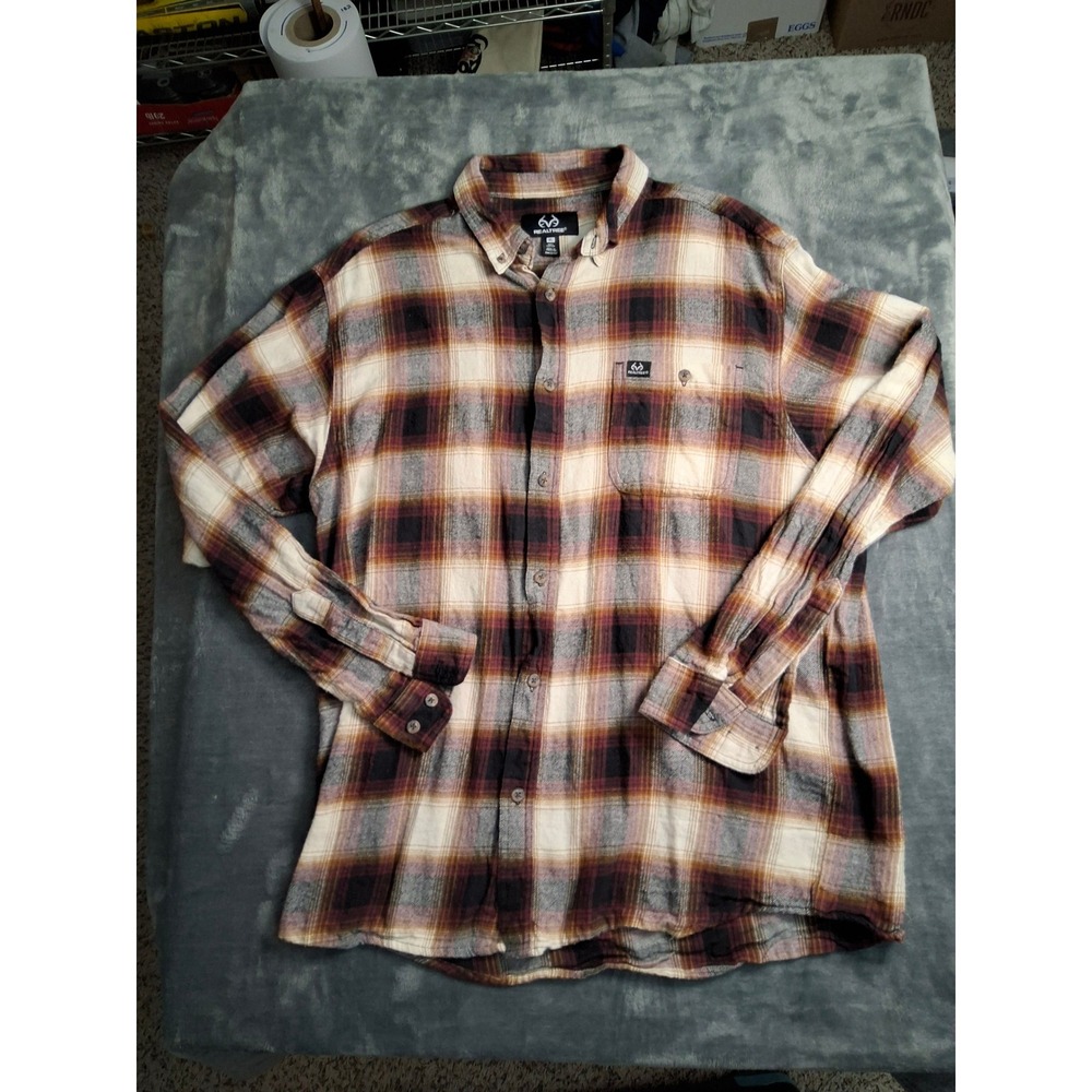 Realtree Mens XL Plaid Flannel Button Down Shirt Brown Tan Black 100% Cotton‎